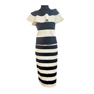 Ann Taylor Navy White Striped 2-Piece Set Skirt M Top SP Off Shoulder Midi Set